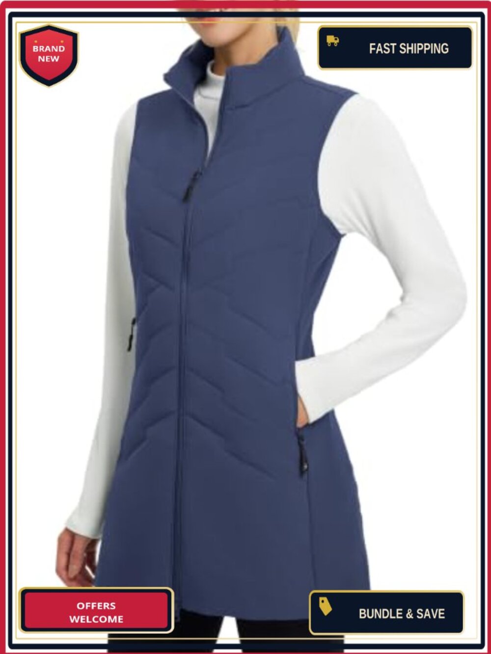 Women's Long Puffer Running Vest Fleece Winter Jacket Water-Resistant